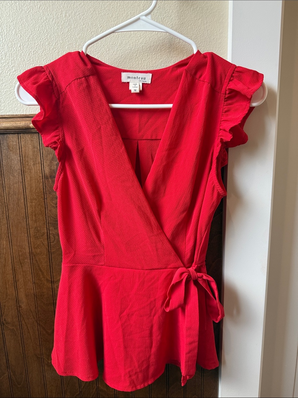 Monteau Bright Red Wrap Peplum Top with Ruffle Sleeves